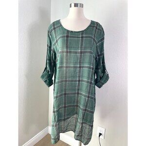 SAGA Made in Italy Tunic Top OS Green Plaid Roll Tab Sleeve Shirt Lagenlook Boho